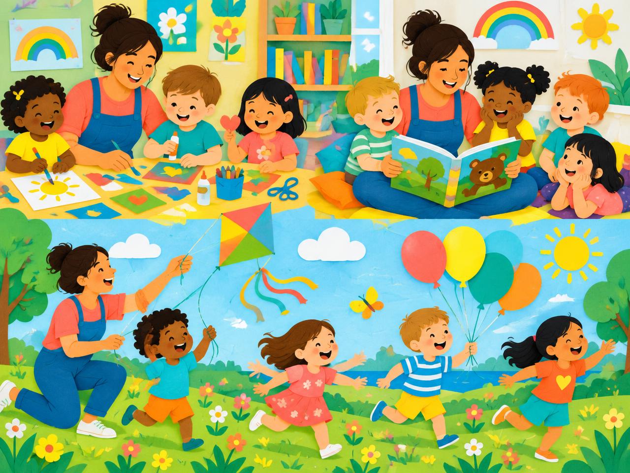 Babysitter doing crafts, storytime and outdoor play with happy kids